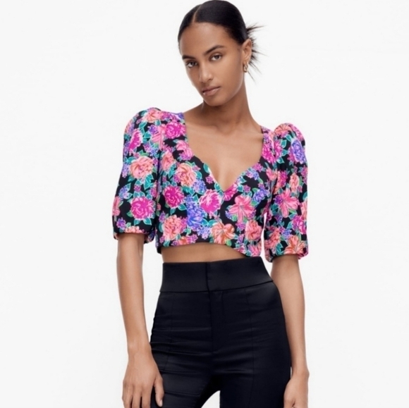New Zara Floral Print Sweetheart Neckline Short Puff Sleeves Crop Top NWT XS - Picture 1 of 16